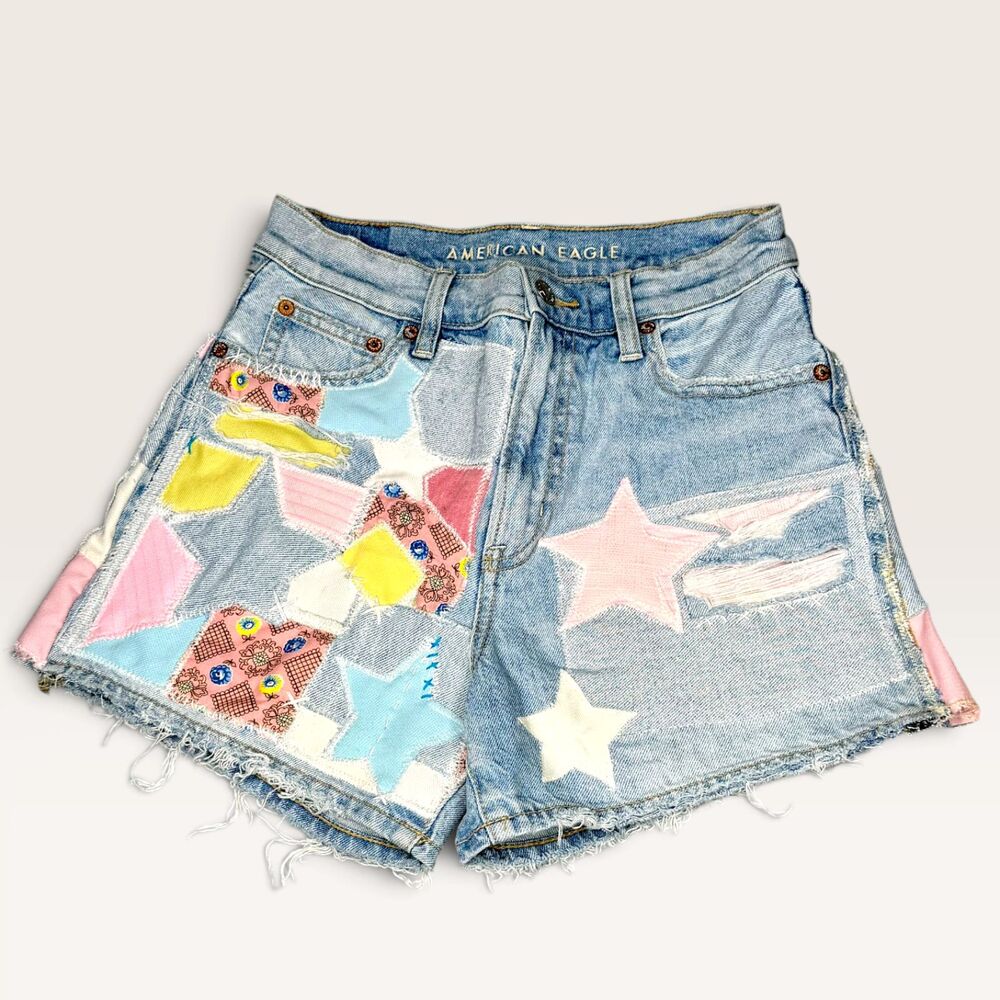 OOAK American Eagle Reworked Patchwork Denim Cutoff Shorts Sz:0 Upcycled